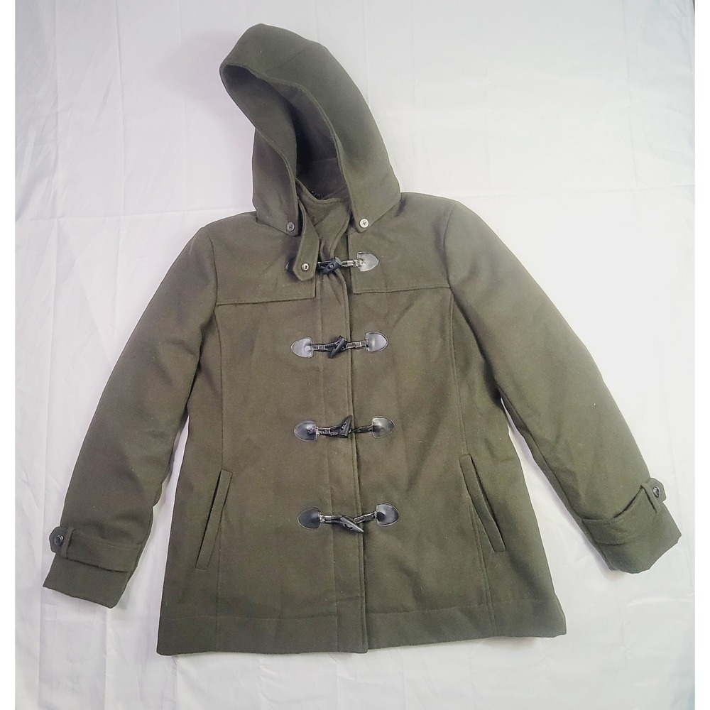 BCBG Generation Women's Pea Coat XL Olive‎ Green Hooded Wool Blend N31